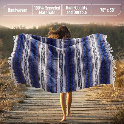 Authentic Extra Large Mexican Blanket (70"x50") - Handwoven Yoga Blanket, Serape Blanket - Artisanal Falsa Blanket, Beach Blanket, Camping Blanket, Picnic Blanket, Outdoor Blanket (King Blue)