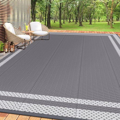 HappyTrends Outdoor Rug Reversible Portable Plastic Straw Camping Rugs for Outside RV,Large Waterproof Outdoor Area Rugs for Patio,Deck,Porch,Balcony(8'x 10',White&Gray)