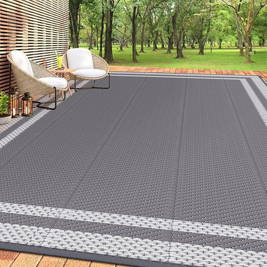 HappyTrends Outdoor Rug Reversible Portable Plastic Straw Camping Rugs for Outside RV,Large Waterproof Outdoor Area Rugs for Patio,Deck,Porch,Balcony(8'x 10',White&Gray)