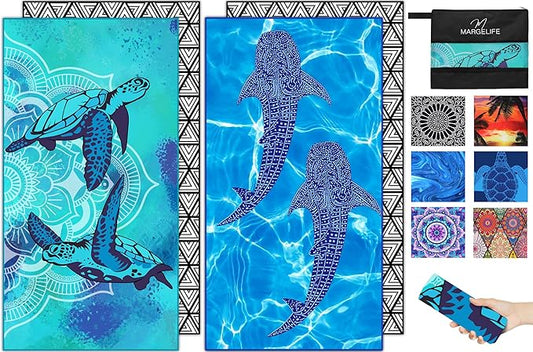Microfiber Beach Towel – Quick Dry Lightweight Sand Free Oversized Large Towel Accessories Swim Pool Yoga Camping Summer Cruise Ship Essentials Compact Sandproof Gift (Shark Turtle Mandala,71" 32")