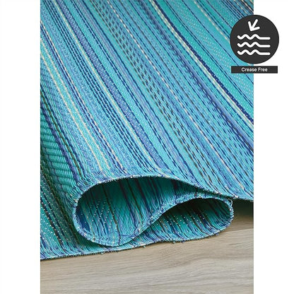FH Home Outdoor Camping Rug - Waterproof, Fade Resistant, Reversible - Premium Recycled Plastic - Striped - Picnic, Patio, Deck, Sunroom, RV - Havana - Turquoise - 4 x 6 ft Foldable