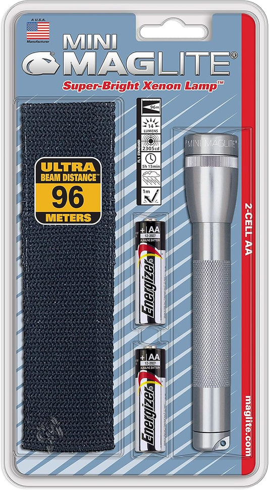 Maglite Mini Incandescent 2-Cell AA Flashlight with Holster, Gray