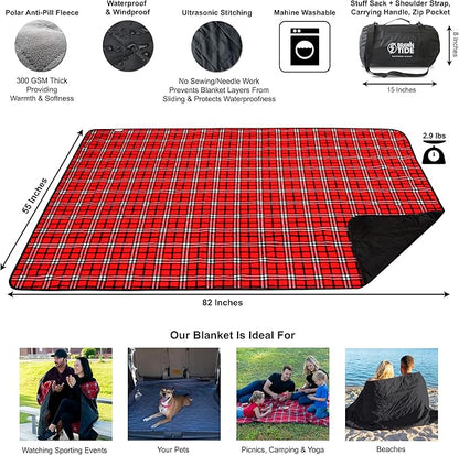 BRAWNTIDE Large Outdoor Waterproof Blanket - Quilted, Extra Thick Fleece, Warm, Windproof, Sandproof, Includes Stuff Sack, Shoulder Strap, Ideal for Beaches, Picnics, Camping, Stadiums, Dogs, Car