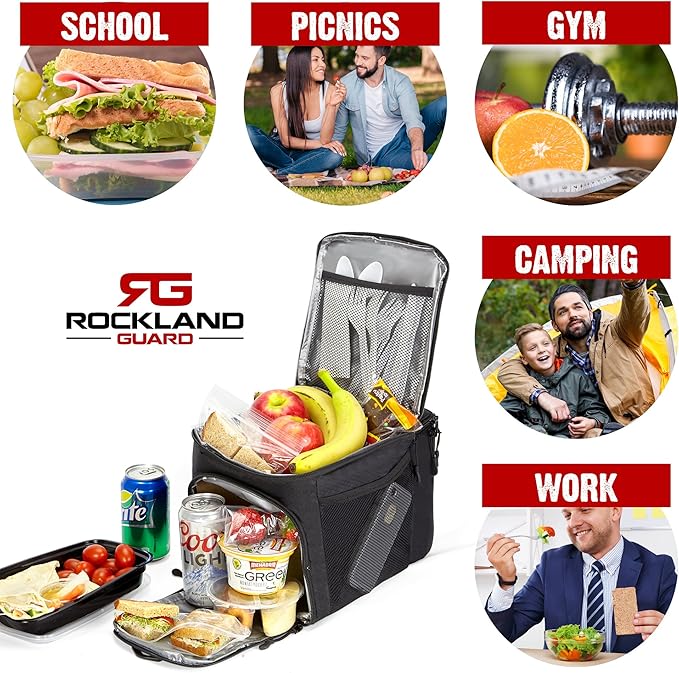 Insulated Lunch Bag for Men - Lunch Box for Women with Compartments for Meal Prep Containers, Bottles, Snacks, Extra Storage Pockets - Lunchbox for Work, Travel, Picnic, Camping - Black