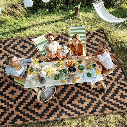 Outdoor Patio Plastic Straw Rug - 4'x6' Outdoor Camping Rug Waterproof Reversible, Area Carpet Patios Clearance RV, Outside Porch Balcony Deck for Camper, Black & Brown