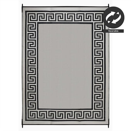 FH Home Outdoor Camping Rug - Waterproof, Fade Resistant, Reversible - Premium Recycled Plastic - Greek Border - Large Patio, Deck, Sunroom, RV - Athens - Black & White - 9 x 12 ft Foldable