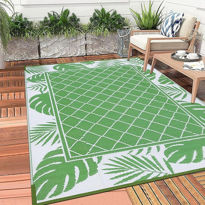 Ileading Outdoor Rug Carpet for Patio 5' x7' Waterproof Reversible Plastic Straw Rug Portable Outside Area Rug Camping Mat for Patio, Clearance, Balcony, Picnic, Pool, Beach, RV, Deck, Leaf Green