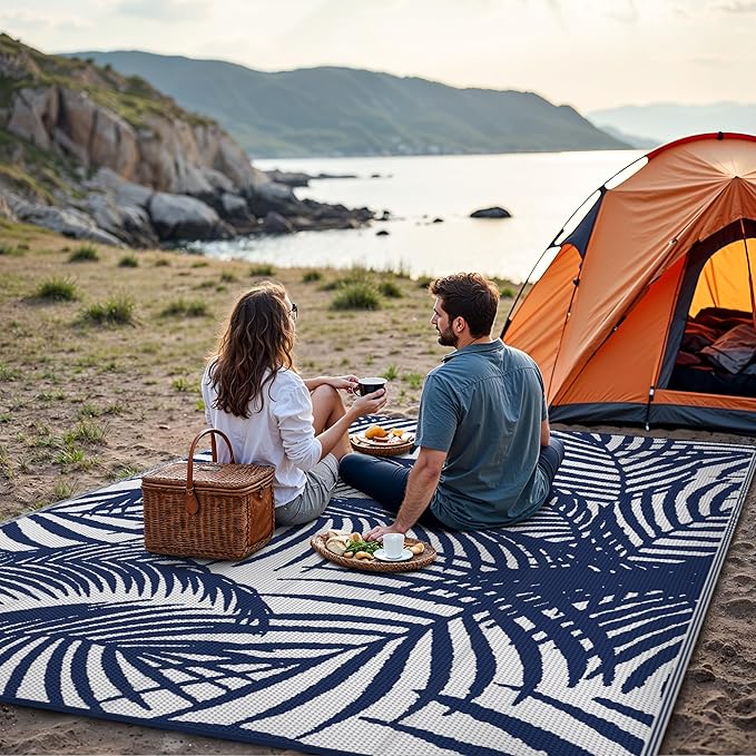 GENIMO Outdoor Rug 6' x 9' Waterproof for Patio Clearance, Reversible Plastic Straw Camping Carpet, Lightweight Mats for Rv, Backyard, Deck, Porch, Picnic, Beach, Balcony, Blue & White