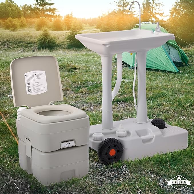 Hike Crew XL Portable Camping Sink & Toilet | Extra Large Washing Station with 8 Gal Capacity, Hands-Free Foot Pump, Faucet, Soap Dispenser & Towel Rack | Includes Travel Toilet with 5 Gal Waste Tank