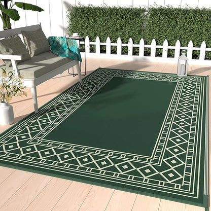 GENIMO Outdoor Rug Waterproof 6'x9' for Patio, Foldable Reversible Plastic Straw Carpet for Travel Trailers, Outside Area Mat for Rv, Deck, Picnic, Porch, Camper, Balcony, Beach, Green & Yellow