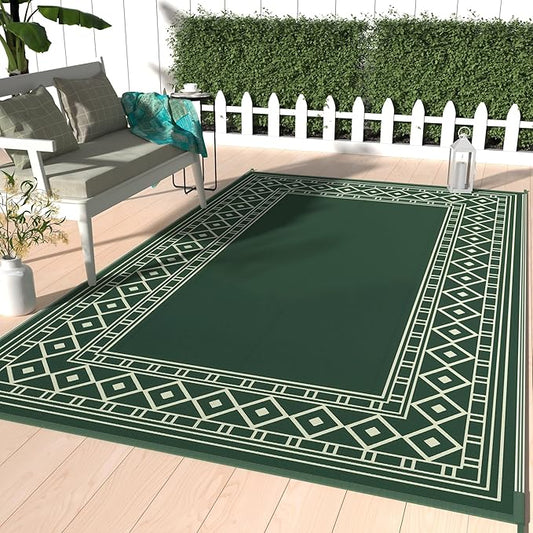 GENIMO Outdoor Rug Waterproof 6'x9' for Patio, Foldable Reversible Plastic Straw Carpet for Travel Trailers, Outside Area Mat for Rv, Deck, Picnic, Porch, Camper, Balcony, Beach, Green & Yellow