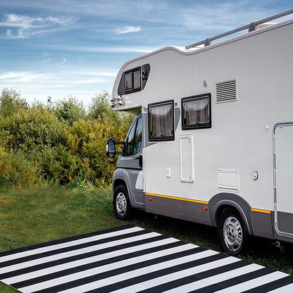FH Home Outdoor Camping Rug - Waterproof, Fade Resistant, Reversible - Premium Recycled Plastic - Striped - Large Patio, Deck, Sunroom, RV - Brittany Stripe - Black & White - 9 x 12 ft Foldable