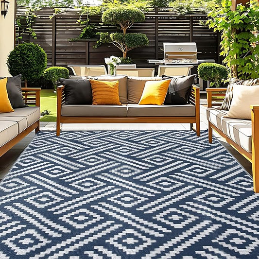 OPPODREAM Outdoor Rug 9x12 Patio Waterproof, Large Outdoor Plastic Straw Rug, Reversible Out Door Carpet for Camping, Deck, Rv, 9 x 12 Area Carpet for Balcony, Porch, Backyard, White and Navy Blue