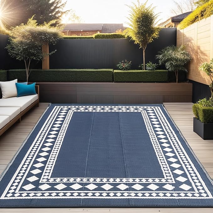 RURALITY Outdoor Rugs 5x8 Waterproof for Patios Clearance,Plastic Straw Mats for Backyard,Porch,Deck,Balcony,Black and Beige