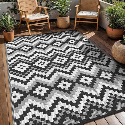GENIMO Outdoor Rug Waterproof 5x8 ft, Lightweight Plastic Straw Rugs, Outside Reversible Area Mat Carpet for Patio, Camping, RV, Deck, Balcony, Porch, Backyard, Black & White