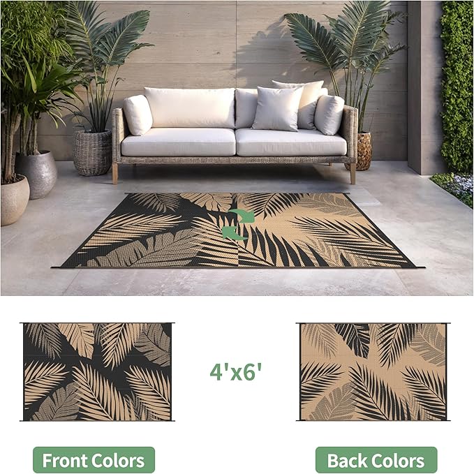 Outdoor Rug 4' x 6' for Patio Waterproof Clearance, Reversible Indoor Outdoor Plastic Straw Camping Rug Carpet, RV Mat, Large Area Rug for Deck, Backyard, Balcony, Porch, Beach, Black and Brown