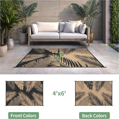 Outdoor Rug 4' x 6' for Patio Waterproof Clearance, Reversible Indoor Outdoor Plastic Straw Camping Rug Carpet, RV Mat, Large Area Rug for Deck, Backyard, Balcony, Porch, Beach, Black and Brown