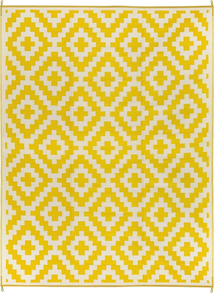 FH Home Outdoor Camping Rug - Waterproof, Fade Resistant, Reversible - Premium Recycled Plastic - Geometric - Large Patio, Deck, Sunroom, RV - Aztec - Yellow & White - 9 x 12 ft Foldable