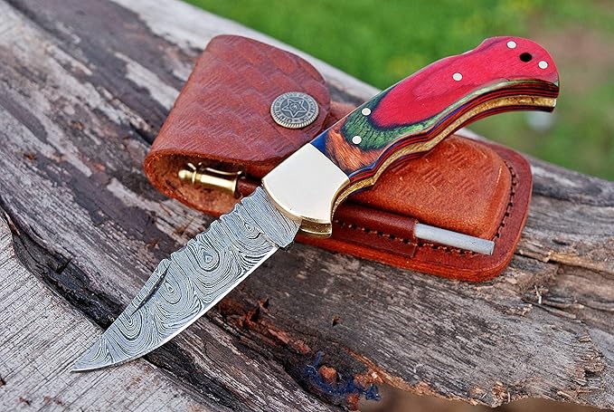 Handmade Damascus Steel Pocket Knife & Knife Sharpener - Damascus Folding Knife - Pocket Knife for Men, EDC Knife & Hunting Knife with Back Lock & Beautiful Pakka Wood Handle with Leather Knife Sheath
