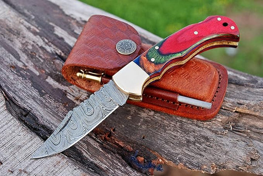 Handmade Damascus Steel Pocket Knife & Knife Sharpener - Damascus Folding Knife - Pocket Knife for Men, EDC Knife & Hunting Knife with Back Lock & Beautiful Pakka Wood Handle with Leather Knife Sheath