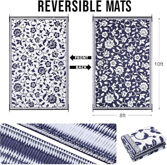 OLANLY Waterproof Outdoor Rug 8x10 ft, Outdoor Plastic Straw Rug with Flower Pattern, Reversible RV Mat for Patio, Camping, Balcony, Deck, Backyard, Navy & White