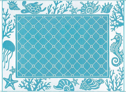 Vaukki Reversible Rugs, Plastic Straw Outdoor Doormat, Fade Resistant Plastic Outdoor Patio Mat, Lightweight Ocean Area Carpet for Patio, RV, Camping, Beach, Deck, Backyard and Picnic (Teal, 9'x12')