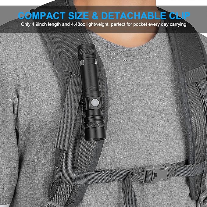 Rechargeable Flashlight, LED Tactical Flashlight, 2000 Lumens Super Bright Pocket-Sized LED Torch with Clip, IPX6 Water Resistant, 4 Modes for Camping Hiking Emergency (2 Pack)