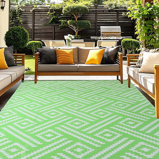 OPPODREAM Outdoor Rug 9x12 Patio Waterproof, Large Outdoor Plastic Straw Rug, Reversible Out Door Carpet for Camping, Deck, Rv, 9 x 12 Area Carpet for Balcony, Porch, Backyard, White and Green