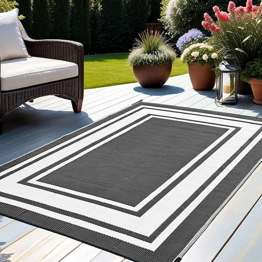 RURALITY Outdoor Rugs 8x10 Waterproof for Patios Clearance,Plastic Straw Mats for Backyard,Porch,Deck,Balcony,Reversible,Black and White