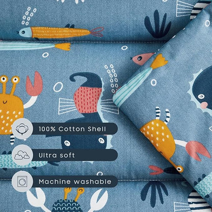 Wake In Cloud - Toddler Nap Mat with Pillow and Blanket, 100% Cotton Fabric, for Kids Boys Girls in Daycare Kindergarten Preschool, Roll Up Sleeping Bag, Blue Sea World, Standard