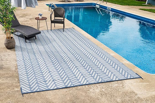 FH Home Outdoor Camping Rug - Waterproof, Fade Resistant, Reversible - Premium Recycled Plastic - Herringbone - Large Patio, Deck, Sunroom, RV - Fresno - Light Blue - 4 x 6 ft Foldable