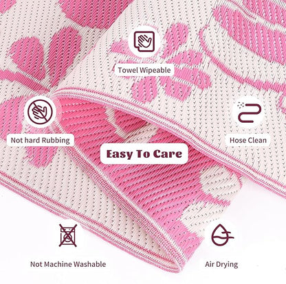 Ileading Round Outdoor Plastic Straw Rug 6ft Funny Floral Style Reversible Patio Area Rugs Waterproof Non Shedding Portable Carpets for Rv Outside Deck Pool Beach Picnic Camping (Pink)