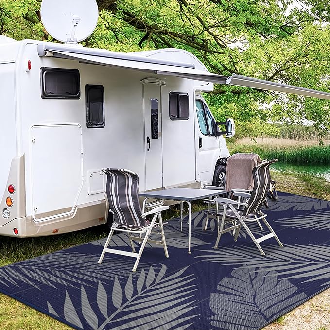 GENIMO Outdoor Rug 10' x 14' Waterproof for Patios Clearance, Reversible Outdoor Plastic Straw Camping Rug Carpet, Large Area Rugs Mats for RV, Camper, Deck, Balcony, Porch, Beach, Navy Blue&Grey