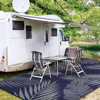 GENIMO Outdoor Rug 10' x 14' Waterproof for Patios Clearance, Reversible Outdoor Plastic Straw Camping Rug Carpet, Large Area Rugs Mats for RV, Camper, Deck, Balcony, Porch, Beach, Navy Blue&Grey