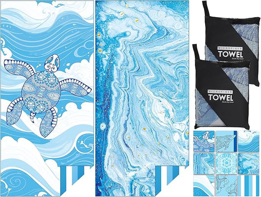 FISHEAL Sand Free Beach Towel Set - 2 Pack Microfiber Extra Large Oversized 71"x32" Absorbent Lightweight Towels Thin Fast Drying Vacation Cruise Swim Pool Necessities Must Haves