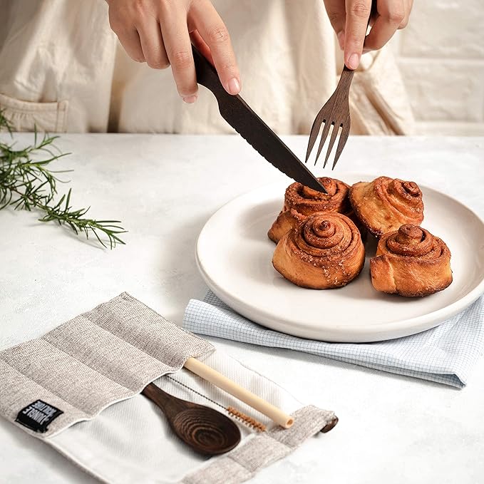 Jungle Culture® Premium Wooden Travel Utensils • Knife, Fork, Spoon, Straw, Case • Eco Friendly Alternative to Bamboo Cutlery • Coconut Bowls Zero Waste Reusable Flatware • Portable Camping Picnic Set