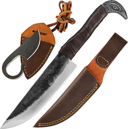 2-Piece Viking Knife Set - 10.3" Raven-Head Viking Knife with 6.5" Blade & Leather Sheath - 3" Celtic Pocket Knife with Necklace Case - Sharp Hand-Forged Real Carbon Steel