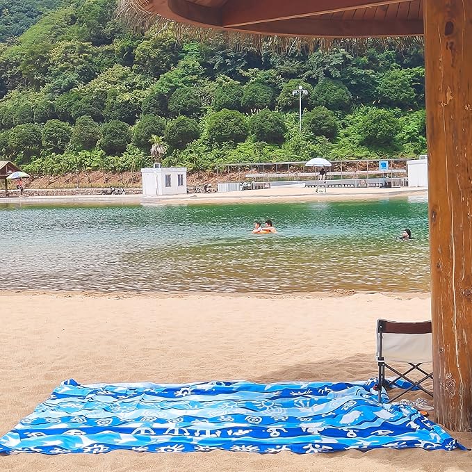 Large Beach Blanket Waterproof Sandproof 79"x 83" for 1-4 Adults,Quick Drying Beach Mat,Lightweight & Durable,Beach Essentials for Family Beach Camping Travel Picnic (Blue Stripe)