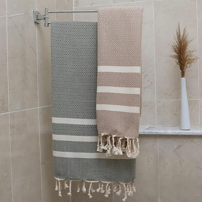 2 Set Oversized Turkish Bath Towel Sheets for Adults XXL Bathroom Extra Large Luxury Cotton Pool Peshtemal Washable Good Texture, Absorbency, Softness (Caramel Beige and Khaki Green)