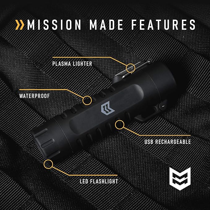 Mission Made Tactical Torch with Plasma Flameless Lighter Windproof Waterproof Electric Dual Arc Rechargeable USB Cord
