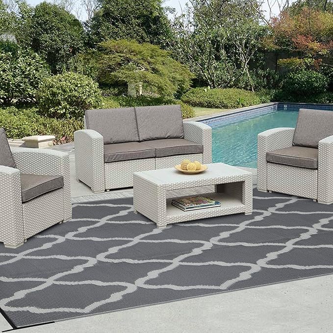 Easy-Going Reversible Outdoor Rugs 9x12ft Waterproof Plastic Straw Rug Stain & UV Resistant Floor Mat for Patio Porch RV Backyard Pool Deck Picnic Beach Trailer Camping (Moroccan Grey & Light Grey)