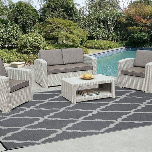 Easy-Going Reversible Outdoor Rugs 9x12ft Waterproof Plastic Straw Rug Stain & UV Resistant Floor Mat for Patio Porch RV Backyard Pool Deck Picnic Beach Trailer Camping (Moroccan Grey & Light Grey)