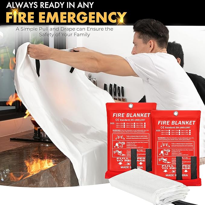 40”x40” Fire Blanket for Home and Kitchen, Emergency Fire Extinguisher Blanket, High Heat Resistant Fire Suppression for Home Safety Kitchen, and Camping (2)