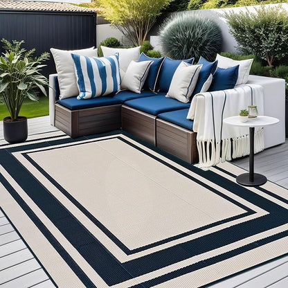 RURALITY Outdoor Rugs 5x8 Waterproof for Patios Clearance,Plastic Straw Mats for Backyard,Porch,Deck,Balcony,Reversible,Black and Beige