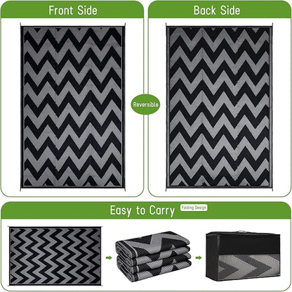 Easy-Going Reversible Outdoor Rugs 5x8ft Waterproof Plastic Straw Rug Stain & UV Resistant Floor Mat for Patio Porch RV Backyard Pool Deck Picnic Beach Trailer Camping (Waved Black & Grey)
