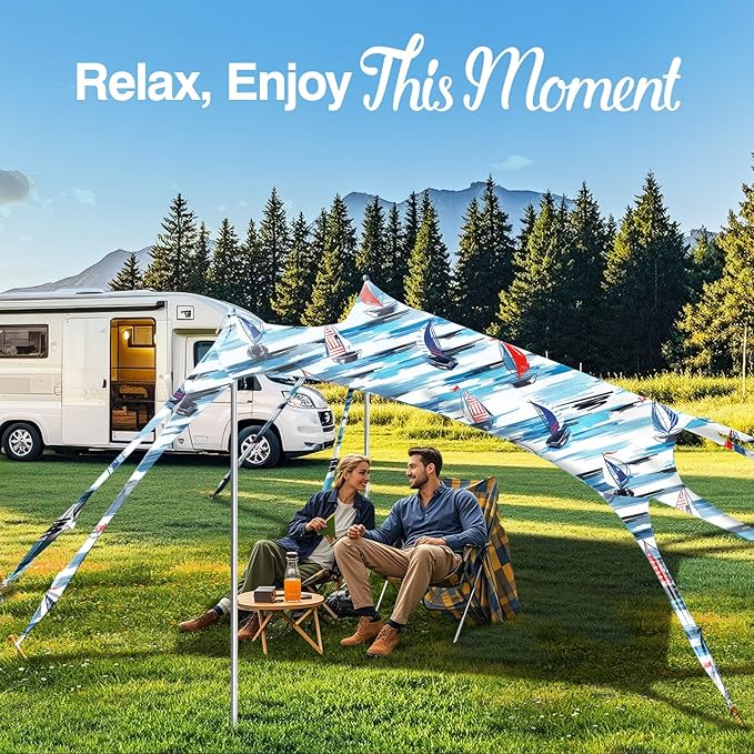 Rhino Valley Beach Tent Sun Shelter, Beach Canopy Tent Sun Shade UPF50+ Protection with 8 Sandbags 4 Stability Poles, Outdoor Beach Shade Canopy for Beach, Camping, Fishing