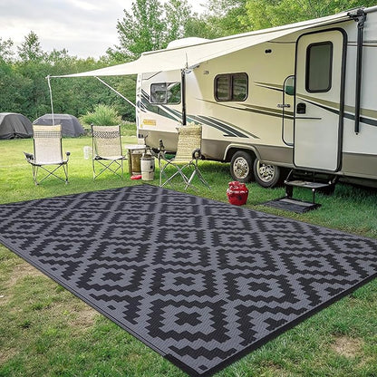 Smiry Waterproof Outdoor Rug 8x10 ft, Reversible Plastic Straw Patio Camping Rugs, Outdoor Indoor RV Mat Carpet for Patio, Outside Entry, Backyard, Deck, Bench, Picnic, Camper, Black & Grey