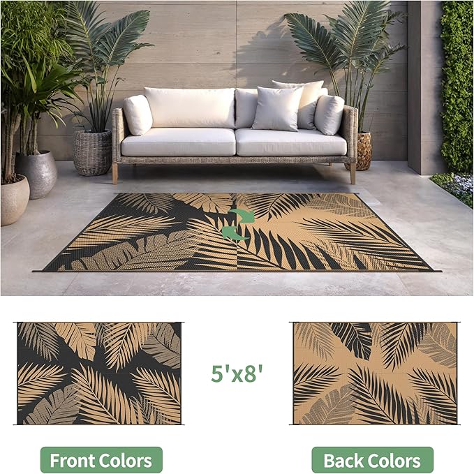 Outdoor Rug 5' x 8' for Patio Waterproof Clearance, Reversible Indoor Outdoor Plastic Straw Camping Rug Carpet, RV Mat, Large Area Rug for Deck, Backyard, Balcony, Porch, Beach, Black and Brown