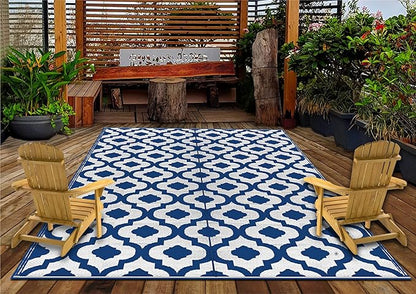 BalajeesUSA Recycled Outdoor Plastic Patio Rugs Clearance Waterproof RV Camper Rug Large Reversible mats 6'x9' Blue & White 20317