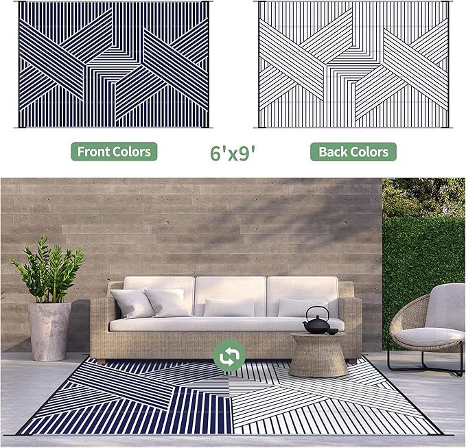 GENIMO Outdoor Rug 6'x9' for Patio Waterproof Clearance, Reversible Outdoor Plastic Straw Rug, Lightweight Carpet Camping Mat for Rv, Camper, Picnic, Balcony, Backyard, Deck, Porch, Blue & White